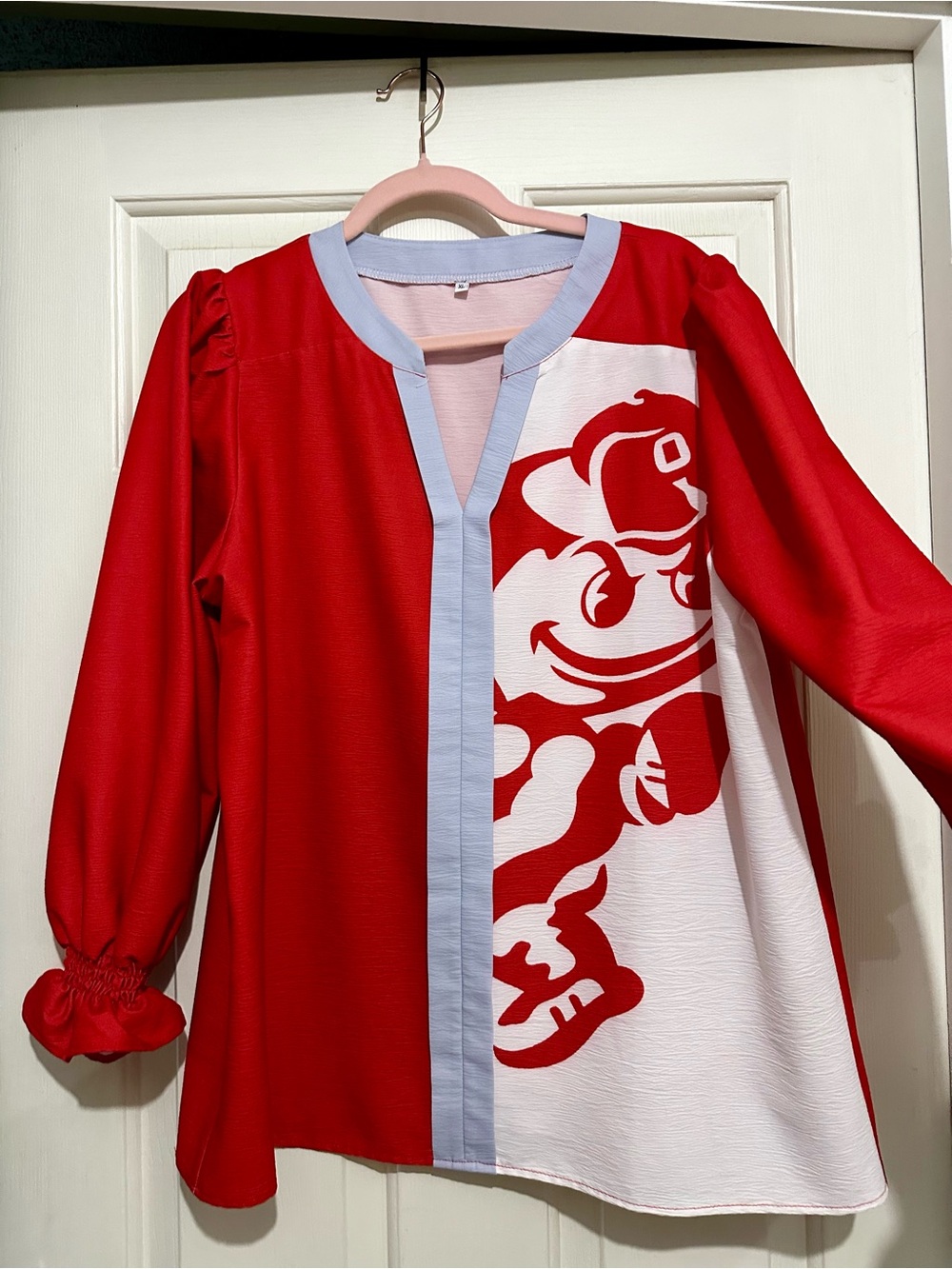 Red & White Graphic Panel Blouse with Light Gray Trim